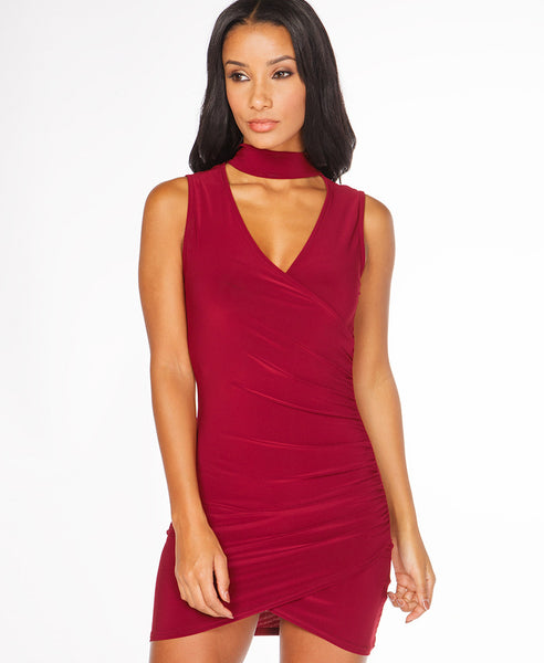 Bella London Sleeveless red choker jersey dress with V-neck and cross-over draped front. Close up front photo.