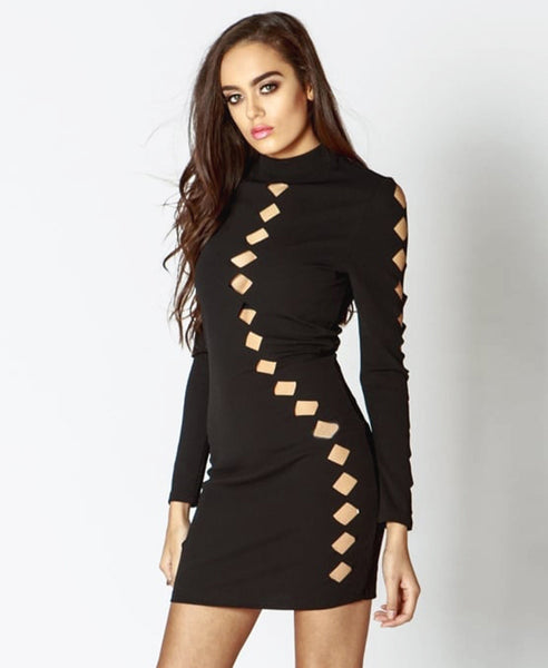 Bella London Issa Black Laser Cut Outs, Bodycon Dress With Long Sleeves And High Neck. Front View