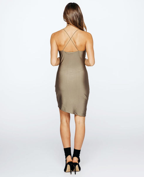 Bella London Layla Spaghetti Straps Khaki Silky Jersey Slip Wrap Drape Dress . Back View