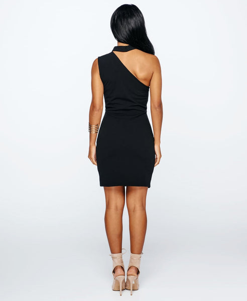 Bella London Black sleeveless one shoulder dress with choker collar and bodycon fit. Full length back photo.