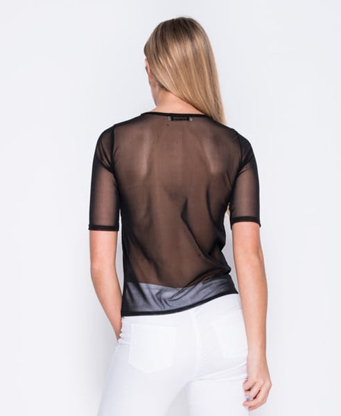 Bella London Elise black mesh embroidered t-shirt top. Back close up photo