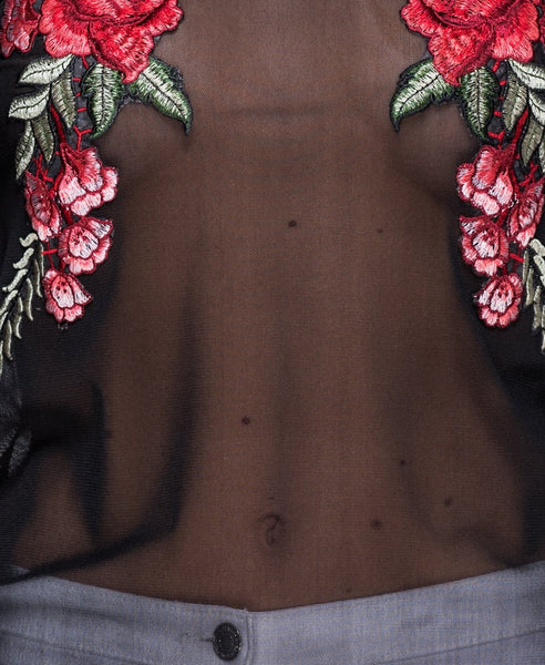 Bella London Elise black mesh embroidered t-shirt top. Fabric close up photo
