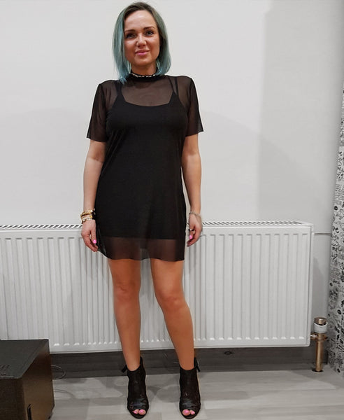 Bella London Bea black sheer mesh t-shirt dress. Front view