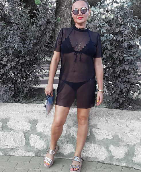 Bella London Bea black sheer mesh t-shirt dress. Front view