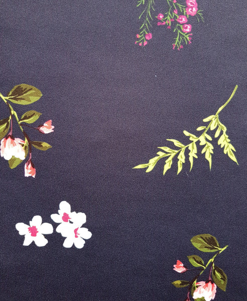 Bella London Gloria Navy Floral Print Shift Dress With Bell Sleeves. Print Detail View