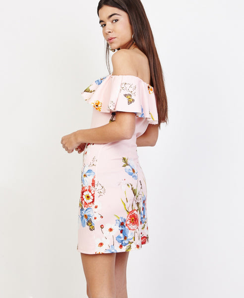 Bella London Lucia Blush Floral Ruffle Bardot Off The Shoulder  Dress. Side Back View