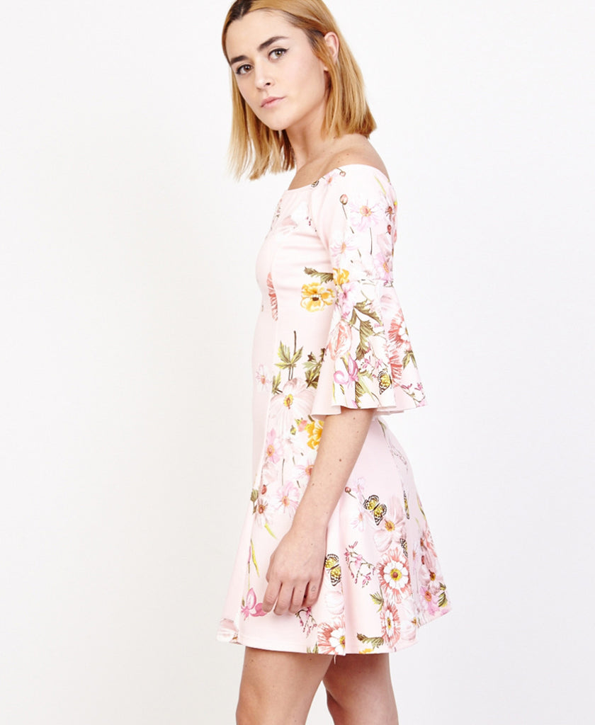 Bella London Jules Blush Floral Off The Shoulder Sakter Dress With Bell Sleeves. Side View