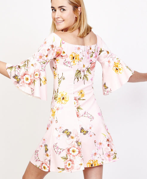 Bella London Jules Blush Floral Off The Shoulder Sakter Dress With Bell Sleeves. Back View
