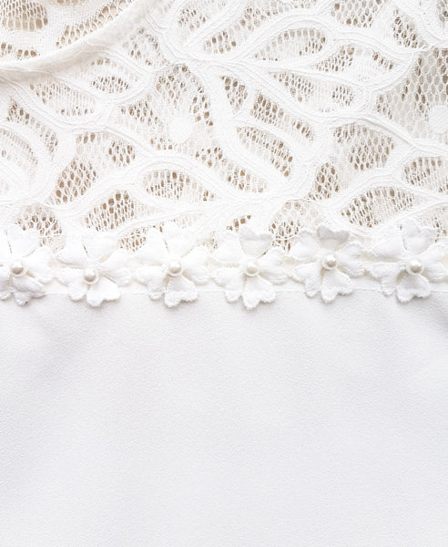 Bella London Angel White T-shirt Shift Dress With Lace And Pearls Detail. Detail View
