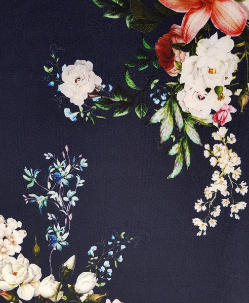 Bella London Willa Navy Floral Bell Sleeve Shift Dress With Ruffle Hem. Print Detail View