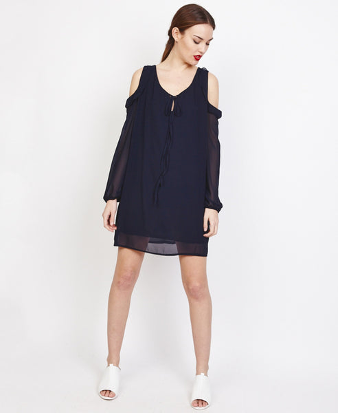Bella London Farai Black Chiffon Cold Shoulder Shift Dress With Frill Detail, Front View