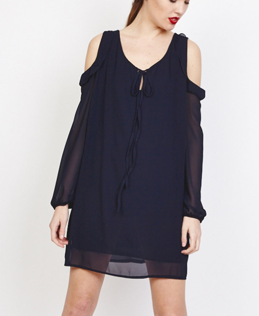 Bella London Farai Black Chiffon Cold Shoulder Shift Dress With Frill Detail, Front View
