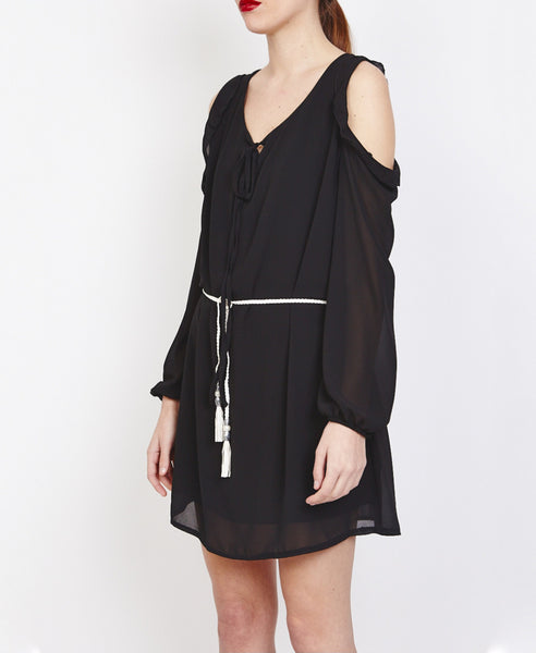 Bella London Farai Black Chiffon Cold Shoulder Shift Dress With Frill Detail, Side Front View