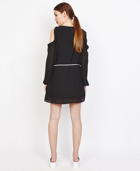 Bella London Farai Black Chiffon Cold Shoulder Shift Dress With Frill Detail, Back View