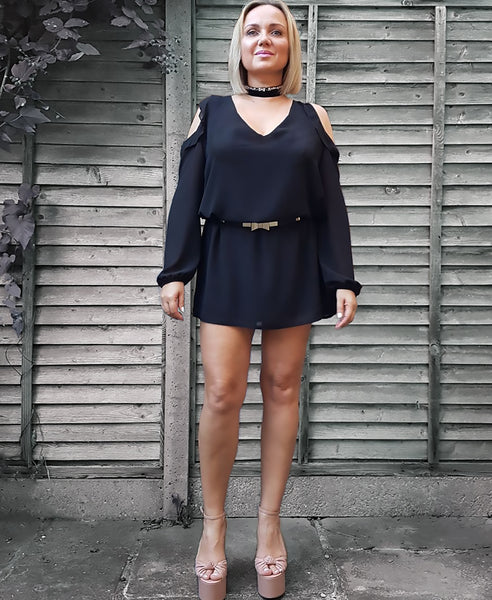 Bella London Farai Black Chiffon Cold Shoulder Shift Dress With Frill Detail. Front View