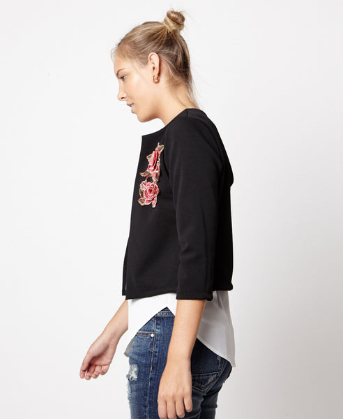 Bella London Danae Black Cropped Jacket With Embroidered Flower and 3/4 Sleeves. Side View