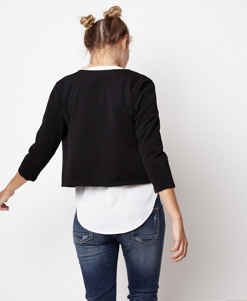 Bella London Danae Black Cropped Jacket With Embroidered Flower and 3/4 Sleeves. Back View