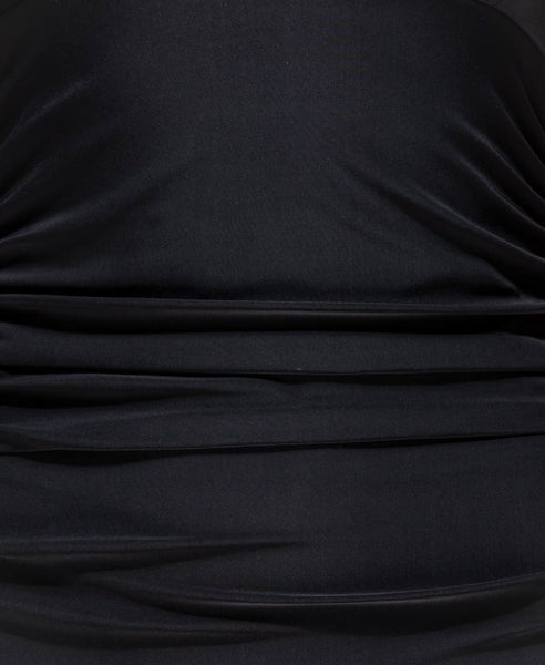 Bella London 'Gaia' Black Plunge Neckline Ruched Slip Dress With Cross Over Straps. Detail Fabric View