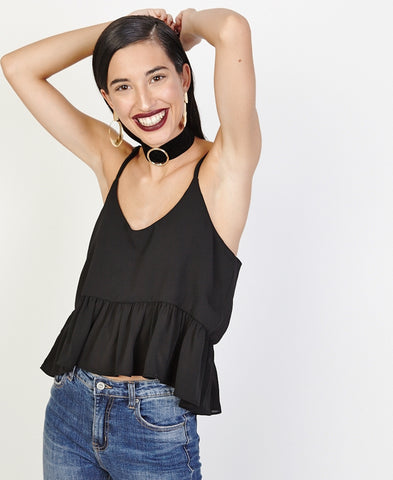 Bella London Bree Black Georgette Frill Hem Cami Top. Front View