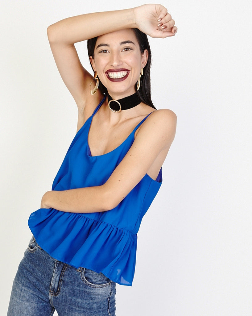 Bella London Bree Cobalt Blue Georgette Frill Hem Cami Top. Front View
