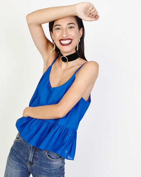 Bella London Bree Cobalt Blue Georgette Frill Hem Cami Top. Front View