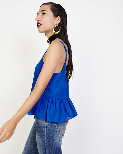 Bella London Bree Cobalt Blue Georgette Frill Hem Cami Top. Side View