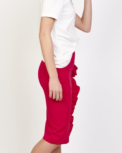 Bella London Calla Dark Red Tube Midi Dress With Front Ruffle. Side View