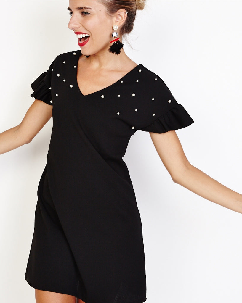 Bella London Ziva Black Shift Dress With Pearls V-Neck And Frill Detail. Front View