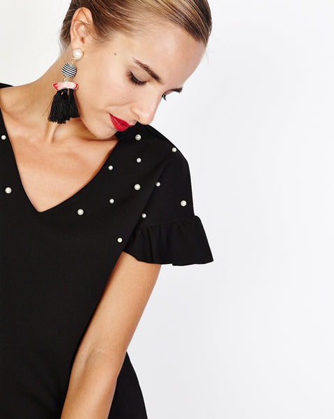 Bella London Ziva Black Shift Dress With Pearls V-Neck And Frill Detail. Front Detail View