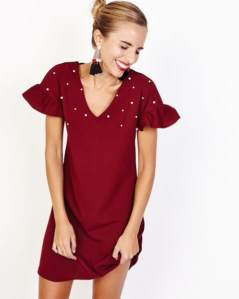 Bella London Ziva Wine Shift Dress With Pearls V-Neck And Frill Detail. Front View