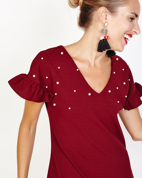 Bella London Ziva Wine Shift Dress With Pearls V-Neck And Frill Detail. Front Detail View