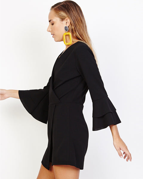 Bella London Gerry Black Bell Sleeve Wrap Style Skort Playsuit. Side View