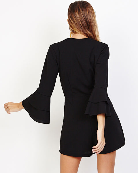 Bella London Gerry Black Bell Sleeve Wrap Style Skort Playsuit. Back View
