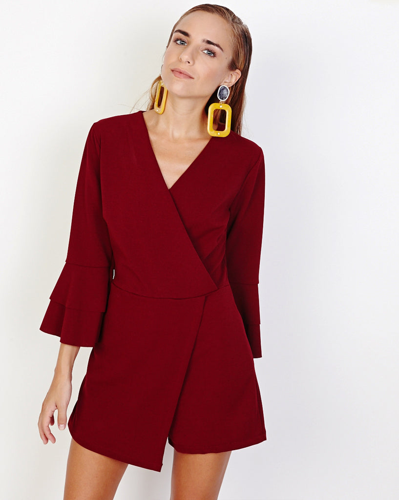 Bella London Gerry Wine Bell Sleeve Wrap Style Skort Playsuit. Front View