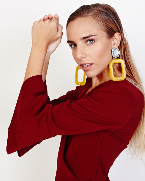 Bella London Gerry Wine Bell Sleeve Wrap Style Skort Playsuit. Side Detail View