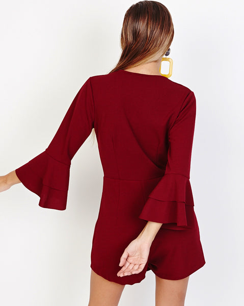 Bella London Gerry Wine Bell Sleeve Wrap Style Skort Playsuit. Back View