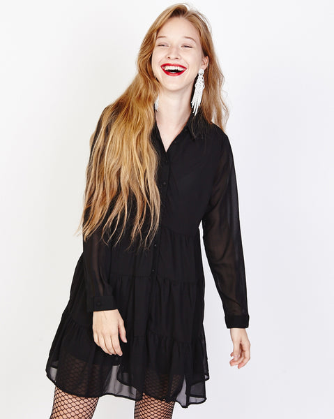 Bella London Paola Black Chiffon Shirt Dress With Sheer Sleeves And Ruffled Skirt. Front View.