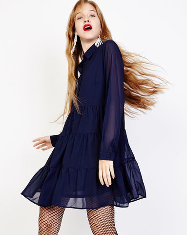 Bella London Paola Navy Chiffon Shirt Dress With Sheer Sleeves And Ruffled Skirt. Front Side View.