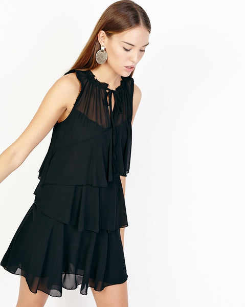 Bella London Nahia Black Chiffon Tiered Ruffle Dress With Sheer Neck Panel. Front View.