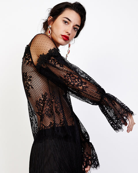 Bella London Viona Black Mixed Lace Sheer Blouse With Long Bell Sleeves. Side View.