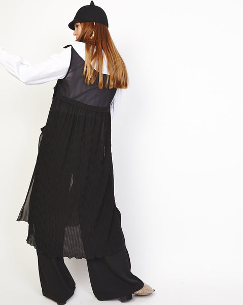 Bella London ‘Una’ Black Chiffon Sleeveless Duster Trench Coat Vest. Back View.