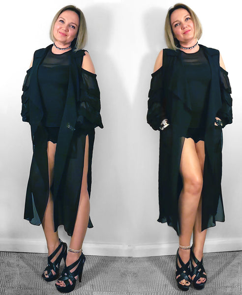 Bella London ‘Una’ Black Chiffon Sleeveless Duster Trench Coat Vest. Side Front View.