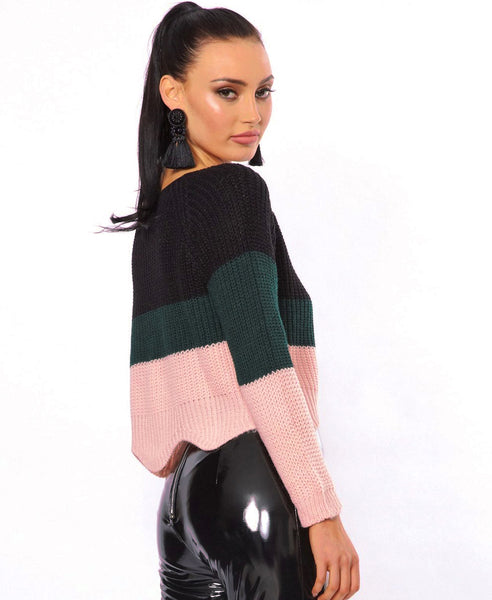 Bella London Ella Black Colour Block Knitted Jumper With Scalloped Hem. Side View