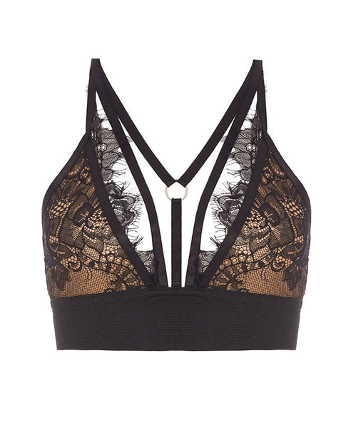 Bella London Iris Black Lace Harness Bralette Crop Top Bra. Front Product View