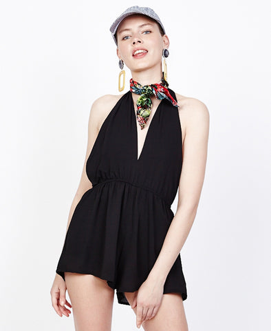 Bella London Eevie Black Multi Way Convertible Plunge Neck Backless Playsuit. Front View