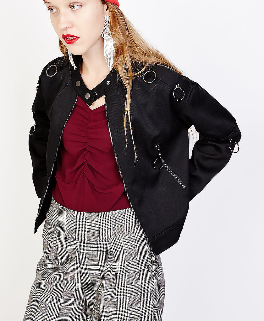 Bella London Jean Black Bomber Jacket With Ring Details. Front View