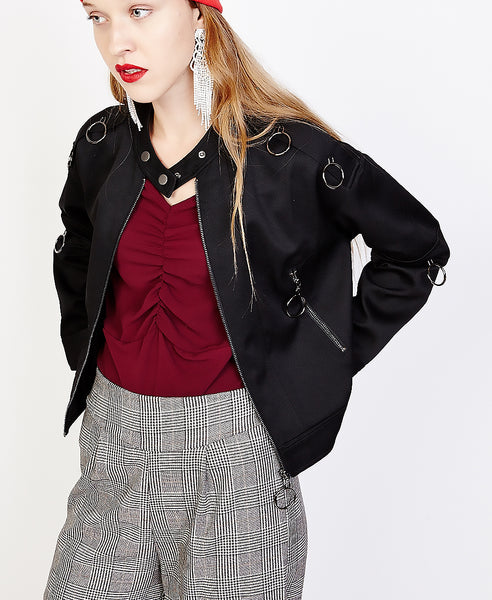 Bella London Jean Black Bomber Jacket With Ring Details. Front View