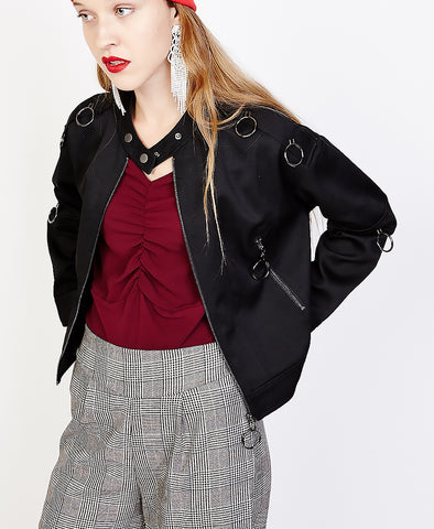 Bella London Jean Black Bomber Jacket With Ring Details. Front View
