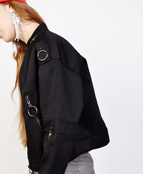 Bella London Jean Black Bomber Jacket With Ring Details. Side View