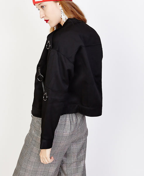 Bella London Jean Black Bomber Jacket With Ring Details. Back View